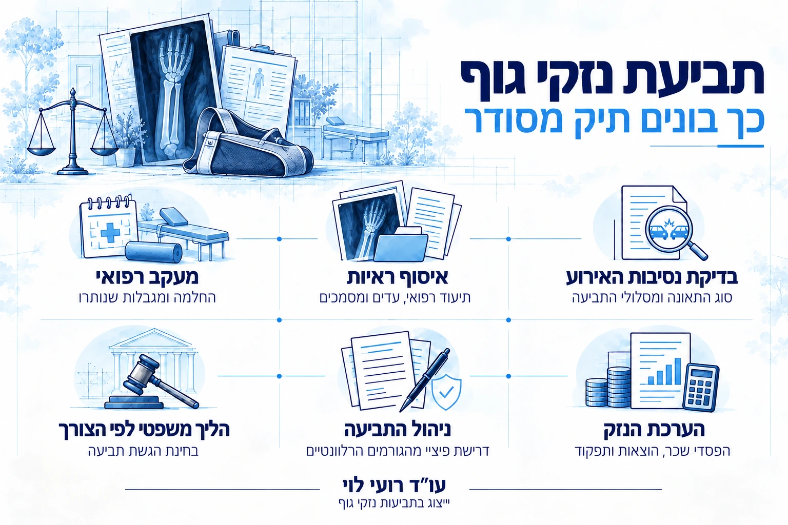 שלבי הטיפול בתביעת נזקי גוף, כולל איסוף ראיות, מעקב רפואי, הערכת הנזק וניהול התביעה
