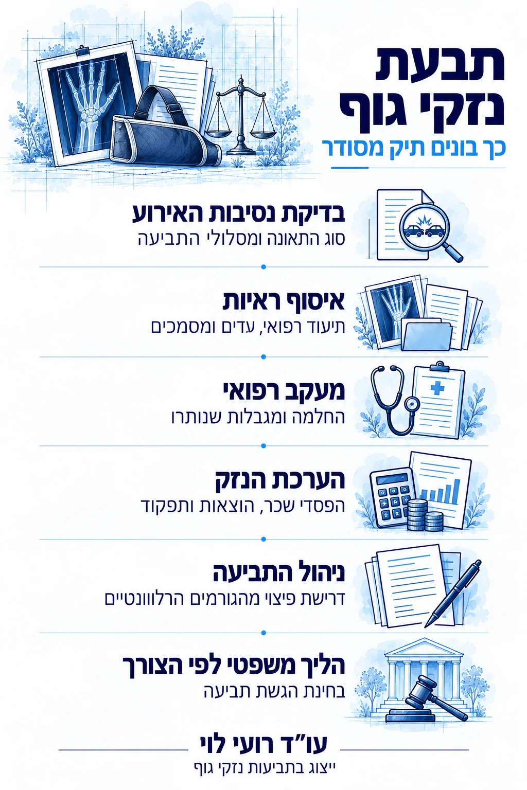 שלבי הטיפול בתביעת נזקי גוף, כולל איסוף ראיות, מעקב רפואי, הערכת הנזק וניהול התביעה