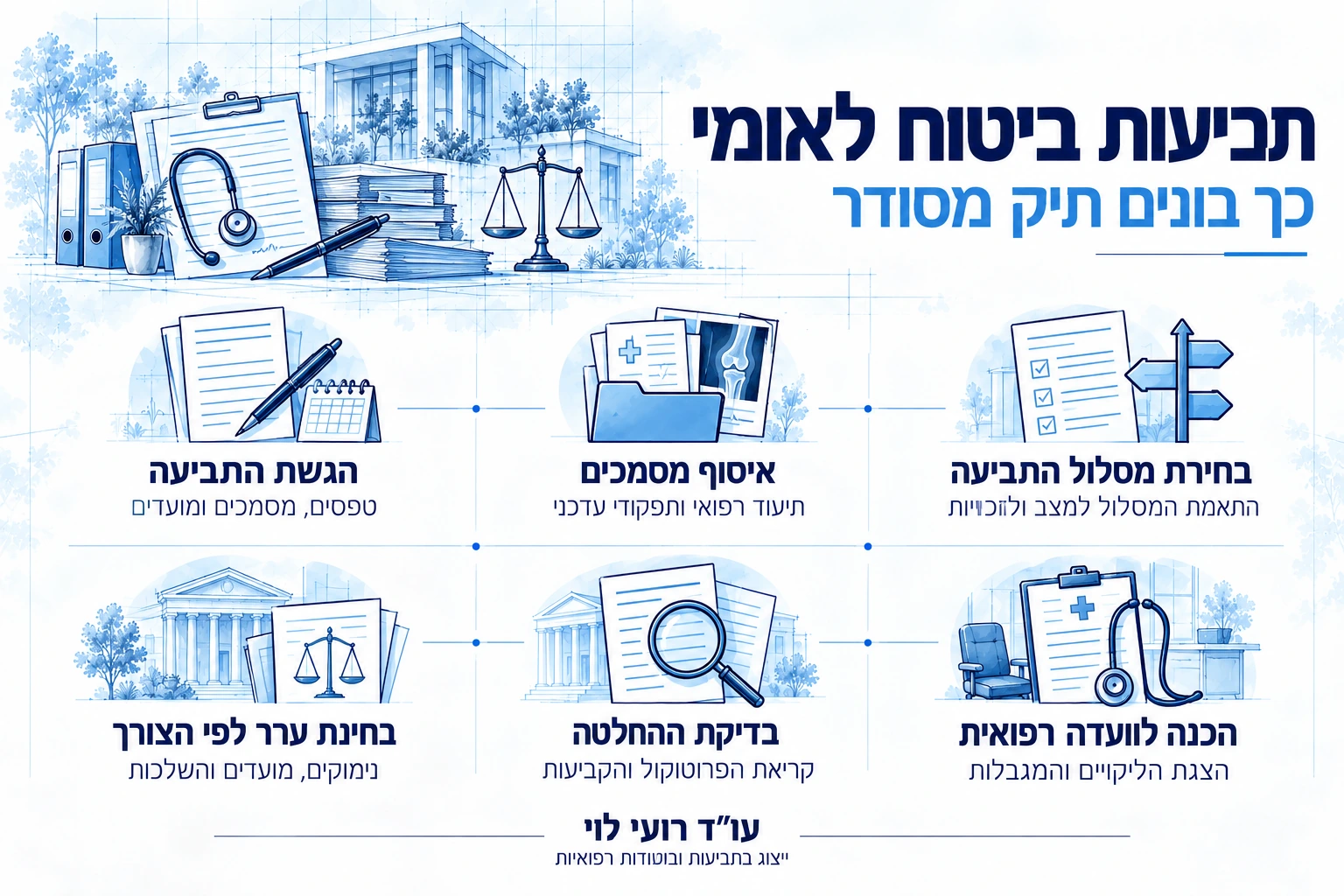 שלבי הטיפול בתביעת ביטוח לאומי, מבחירת מסלול ואיסוף מסמכים ועד הכנה לוועדה רפואית ובחינת ערר