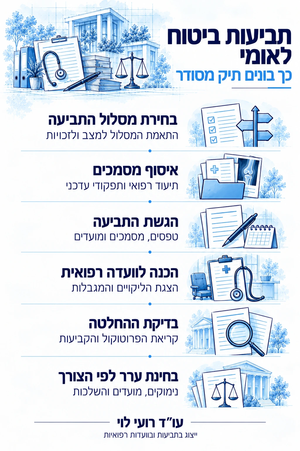 שלבי הטיפול בתביעת ביטוח לאומי, מבחירת מסלול ואיסוף מסמכים ועד הכנה לוועדה רפואית ובחינת ערר