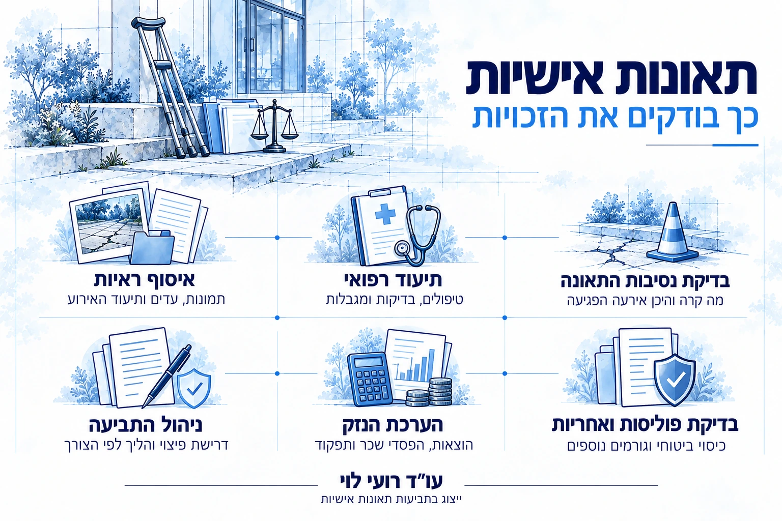 בדיקת זכויות לאחר תאונה אישית, כולל תיעוד רפואי, איסוף ראיות, בדיקת פוליסות והערכת הנזק