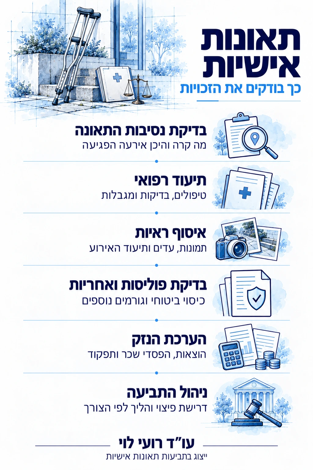 בדיקת זכויות לאחר תאונה אישית, כולל תיעוד רפואי, איסוף ראיות, בדיקת פוליסות והערכת הנזק