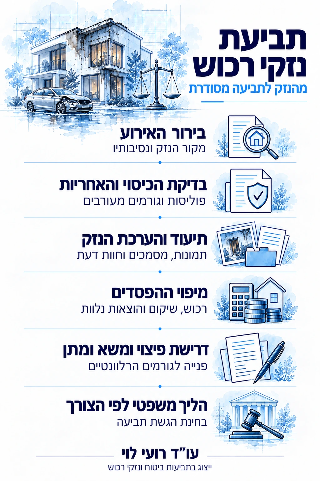 שלבי הטיפול בתביעת נזקי רכוש, מבירור האירוע ובדיקת הכיסוי הביטוחי ועד הערכת הנזק ודרישת פיצוי