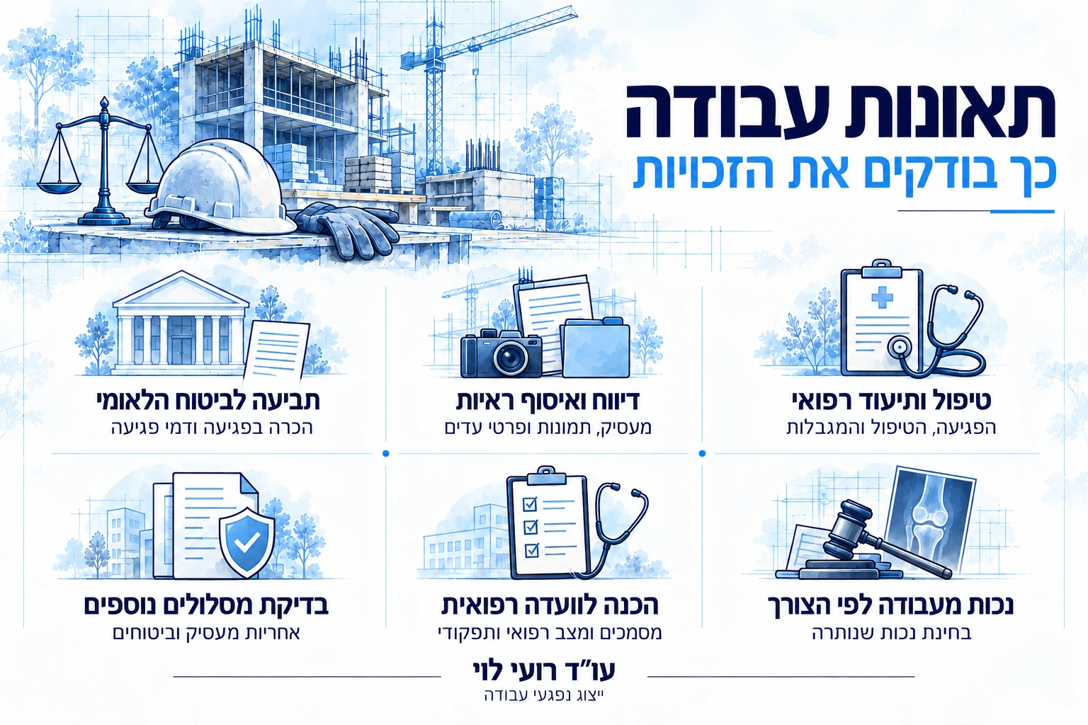 בדיקת זכויות לאחר תאונת עבודה, מתיעוד הפגיעה ותביעה לביטוח הלאומי ועד הכנה לוועדה רפואית ובדיקת מסלולים נוספים