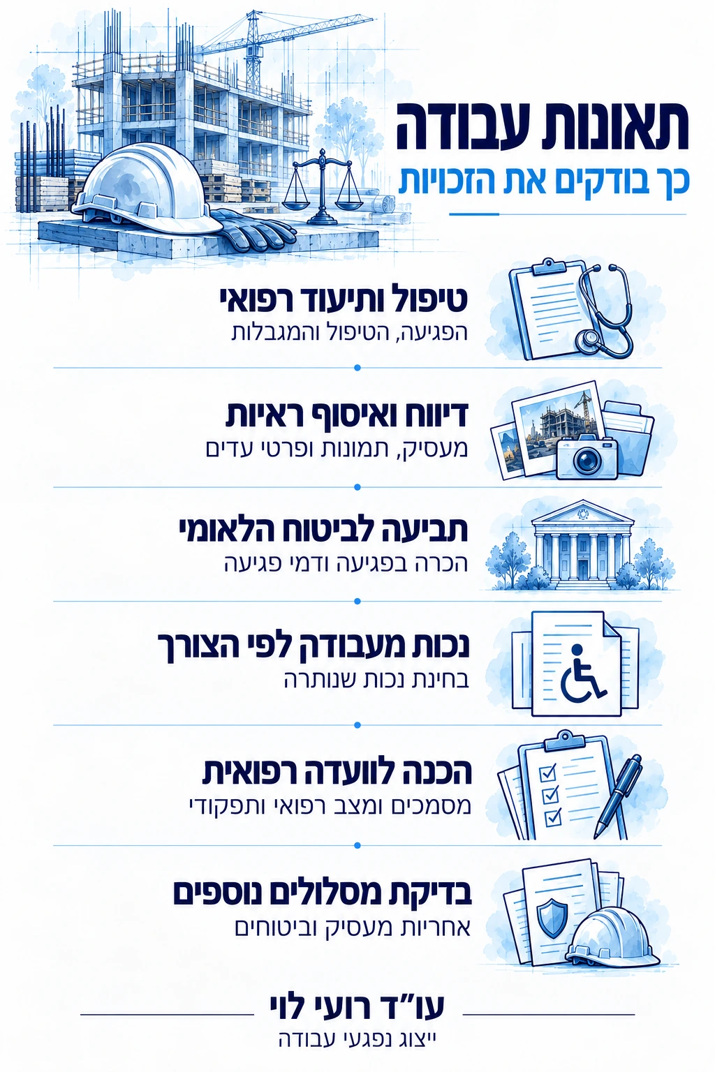 בדיקת זכויות לאחר תאונת עבודה, מתיעוד הפגיעה ותביעה לביטוח הלאומי ועד הכנה לוועדה רפואית ובדיקת מסלולים נוספים